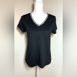 NY Collection Black V-Neck Short Sleeve Tshirt Rhinestone Women Medium NWOT